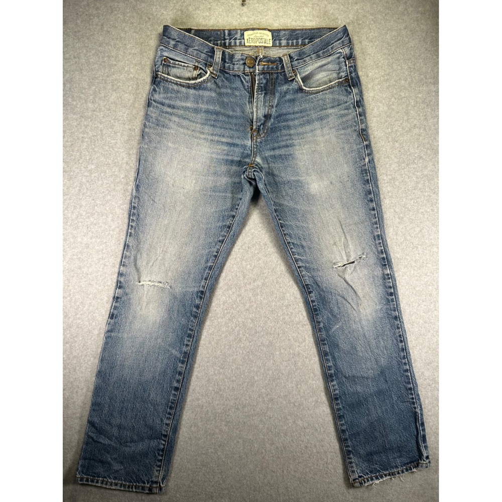 Holes*Aeropostale Essex Straight Leg Jeans Mens 29x30 Light Wash Blue Distressed
